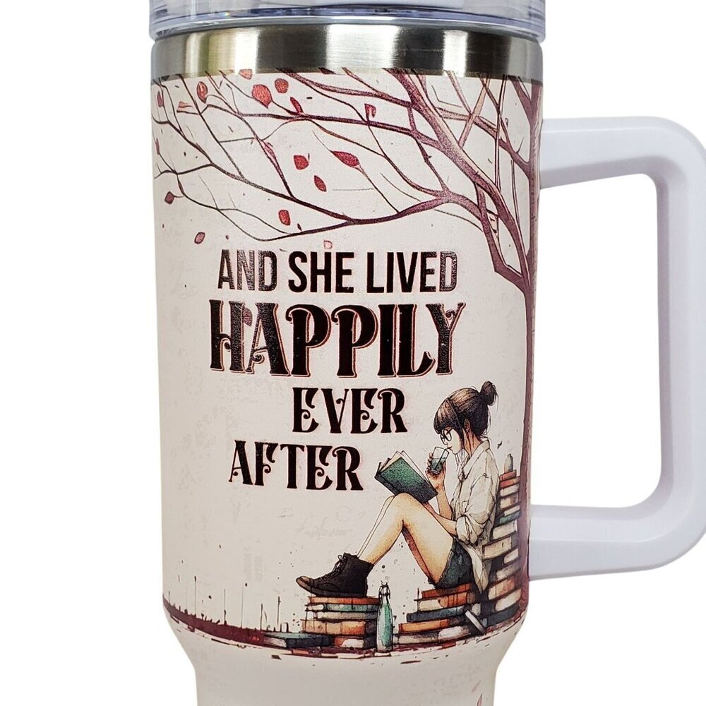 Just A Girl Who Loves Books Travel Tumbler 40 Oz Handle & Lid Book Worm Gift - Picture 4 of 4